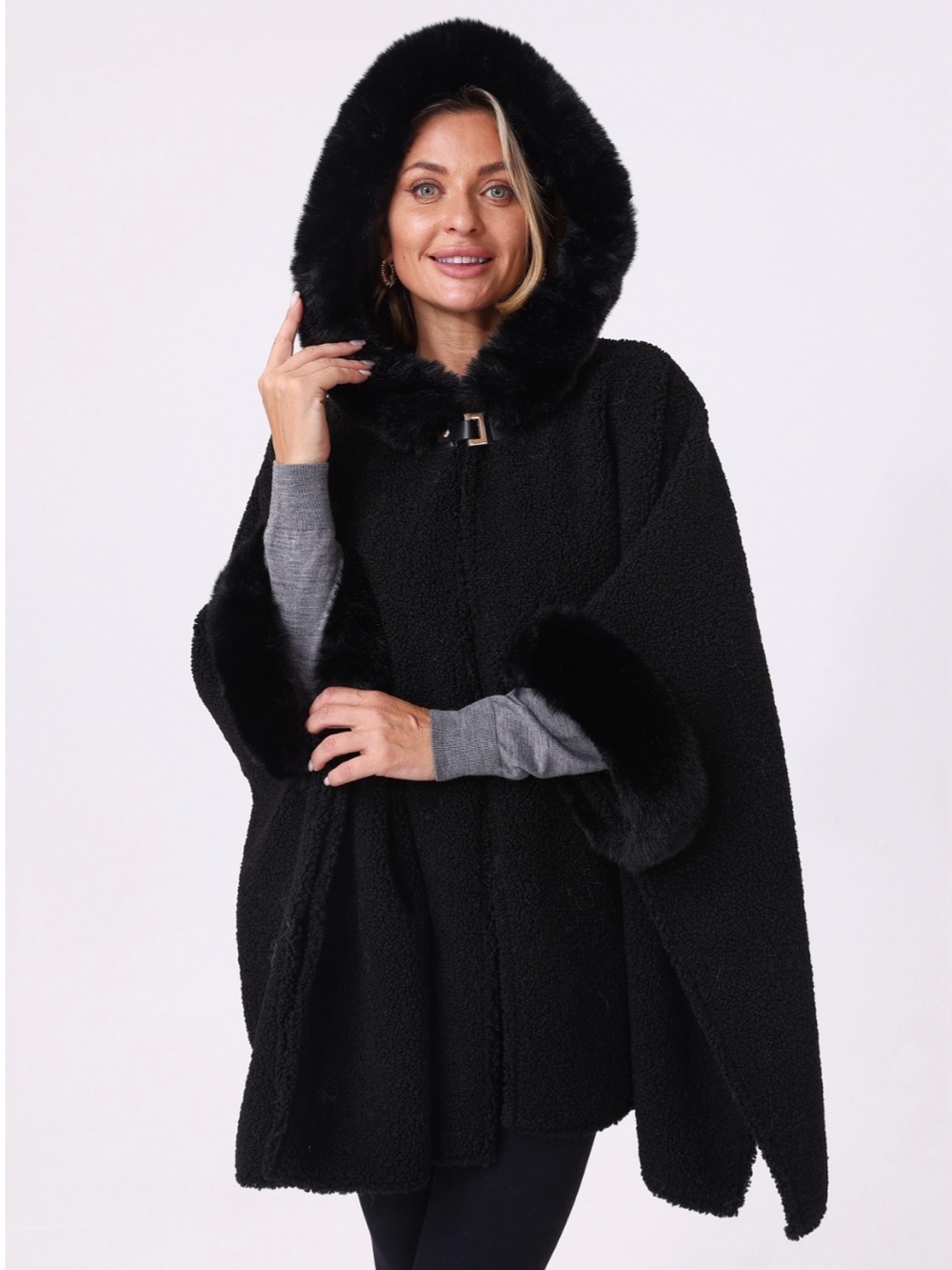 Black Faux-Fur Trim Hooded Cape Poncho